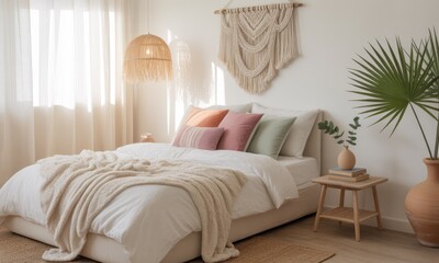 Fototapeta premium Light-filled bedroom with beige, cream, and blush tones