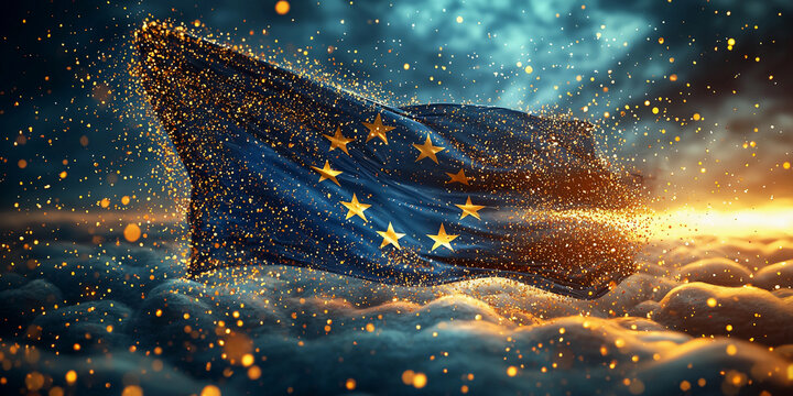 European Union flag transforms into digital particles Generative AI