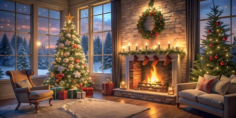 Enchanting christmas living room scene with a decorated tree, fireplace, and snowcovered landscape outside the window, creating a magical holiday ambiance