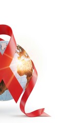Aids awareness ribbon wrapped around globe on white. Global solidarity concept.