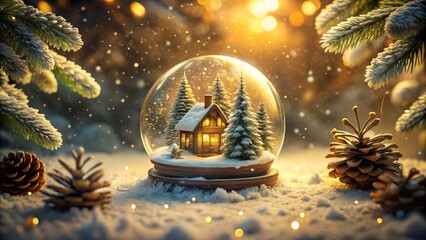 Magical christmas snow globe scene with a cozy house and snowcovered trees, surrounded by pine cones and sparkling lights, creating a festive winter wonderland