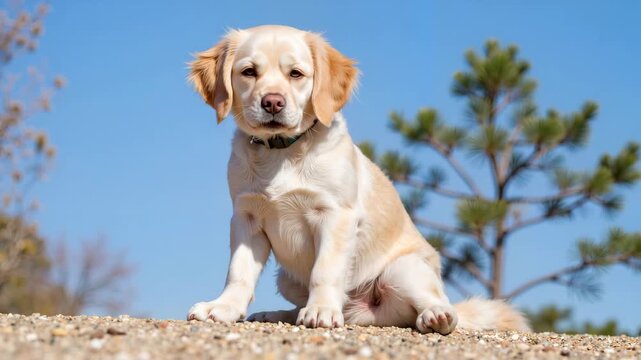 A lost golden retriever with a collar sits sadly on a gravel path in an unfamiliar neighborhood.