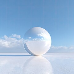 Reflective White Sphere on White Surface Under Blue Sky with Clouds