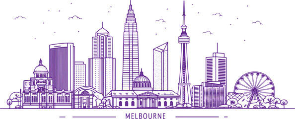 Melbourne Skyline Sketch with Cultural Landmarks &mdash; Hand-Drawn Cityscape Art for Tourism, Travel Poster and Souvenir Design