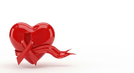 Red heart with ribbon on white background. Aids awareness and health concept.