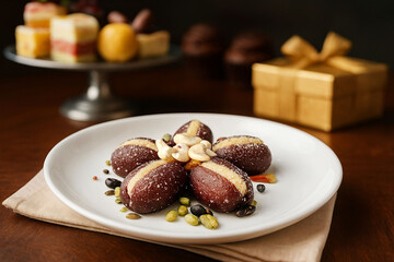 Sweets with Cream Filling Garnished with Cashew Nuts on White Plate