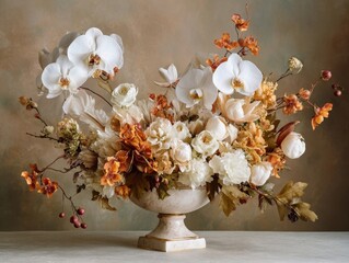 Elegant Floral Arrangement Ornate Vase White Orchids Orange Flowers Beige Background Luxurious Bloom Display