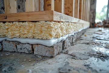 Wooden beam layered wall insulation in construction process Generative AI