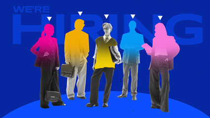 Graphic composition. Group of colorful silhouettes with text we are hiring highlighting recruitment campaign. Concept of HR marketing, online job announcement, and digital hiring platforms.