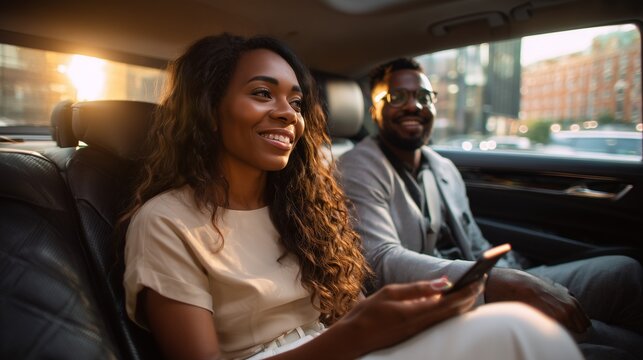 Smiling African American couple riding in backseat of a car at sunset. Perfect for business, travel, mobility, technology, luxury lifestyle, or urban transportation campaign visuals.