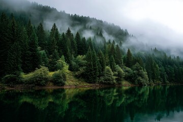 Misty pine forest reflected in calm mountain lake, symbolizing peace, nature, and serenity. Perfect for travel, eco, wellness, environment, landscape, or mindfulness concepts with copy space.