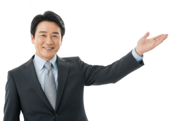 Asian businessman gesturing, isolated on transparent background