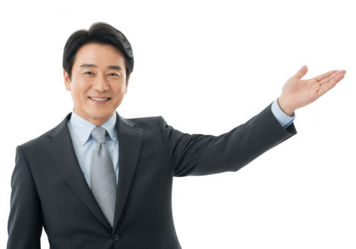 Asian businessman gesturing, isolated on transparent background