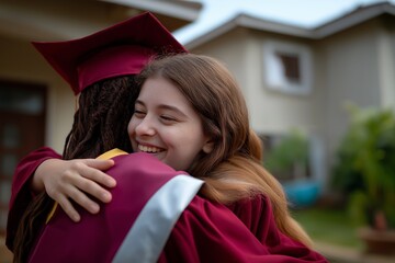 Joyful female graduates in maroon caps and gowns hugging outdoors after ceremony, celebrating achievement, friendship, and new beginnings—ideal for education marketing, college admissions