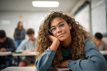 Confident teen student with curly hair and glasses sitting at desk in classroom, smiling thoughtfully, symbolizing education, learning, confidence, and academic potential. Ideal for school themes.