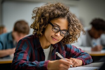 Focused teen student with curly hair and glasses writing exam in classroom, showing education, study, concentration and academic success; ideal for school and back-to-school campaigns and ads.