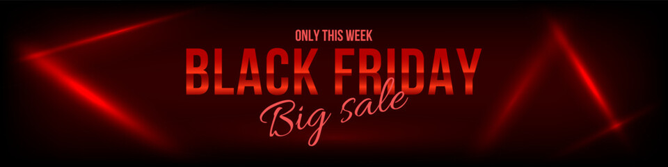 Black Friday banner with diagonal red neon light beams on dark background. Futuristic luminous design for online sale, discounts, ad, ecommerce