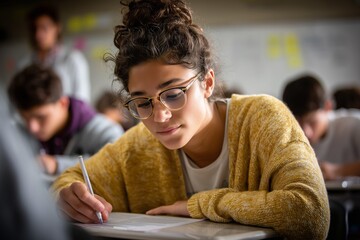 Focused student writing exam in classroom, wearing glasses and yellow sweater, symbolizing education, concentration, and academic success. Perfect for school, learning, or university themes.