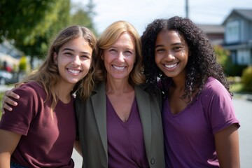 Happy diverse women friends smiling outdoors in summer sunlight, representing friendship, diversity, and positivity. Perfect for lifestyle, community, or teamwork advertising concepts.