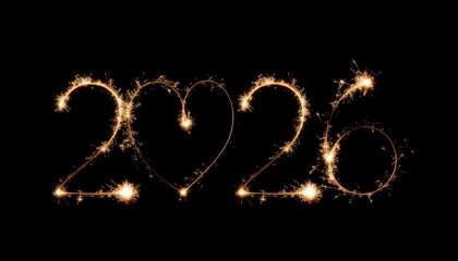 Happy New Year 2026. Creative Number 2026 with sign heart written sparkling sparklers isolated on black background