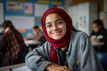Smiling Muslim teenage girl in hijab and glasses sitting in classroom. Confident student engaged in learning. Concept of diversity, education, empowerment, and inclusive academic environment.