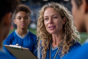Confident female coach talking to teenage athletes during indoor team practice. Empowering youth through leadership, teamwork, and sports education. Focus on motivation ans on motivation and guidance.