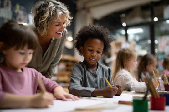 Happy preschool kids drawing in art class with smiling teacher. Creative early education activity in diverse classroom. Concept of childhood development, learning, and creative expression.