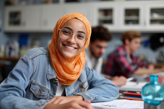 Smiling Muslim teenage girl wearing orange hijab and glasses, studying in modern classroom. Confident student engaged in learning. Concept of diversity, education, and youth empowerment. - Powered by Adobe