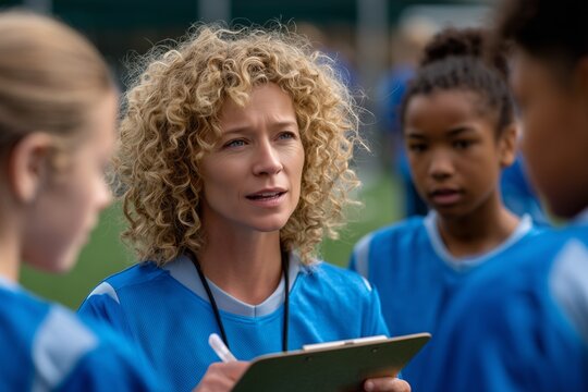 Female coach instructing teenage girls during outdoor team practice. Empowering young athletes through communication, leadership, and support. Concept of youth development and teamwork. - Powered by Adobe