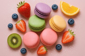 French macarons with mixed fruits and sugar powder on pastel background