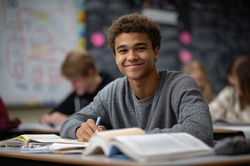 Confident smiling teen boy studying in a classroom. Concept of education, youth success, academic motivation, knowledge and positive attitude. Bright modern school background.