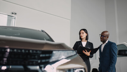 A car dealer and a customer discuss the features of a new car at a showroom, demonstrating the...