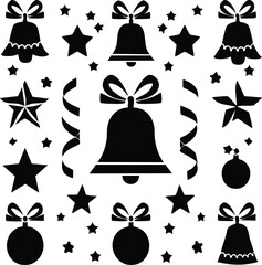 Holiday ornament silhouette set with bells, stars, baubles, ribbons, perfect for gift wrapping design