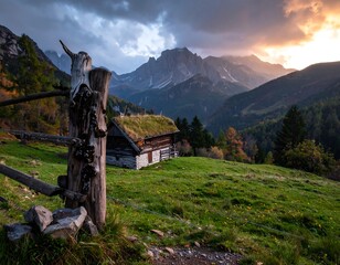 Mountain cabin scene at sunset with weathered fence