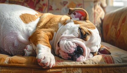 A brown and white bulldog naps on a yellow patterned couch in a sunlit room, relaxed and peaceful