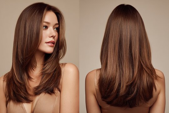Medium layered straight brown hair with subtle highlights front and back studio beauty portrait of woman