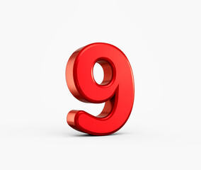 Fototapeta premium Vibrant red 3D digit 9 with glossy finish on clean white background. 3d illustration