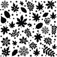 Autumn to Winter seasonal pattern black solid silhouettes with mix of leaves, snowflakes, pinecones, and stars 