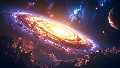 A dazzling, swirling galaxy illuminates a dramatic cloudy space scene with a moon and celestial nebula in the background