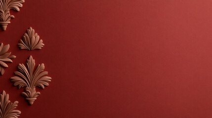 Elegantly designed wall art featuring floral ornaments on a deep red canvas. The intricate details of the ornaments create a classic, sophisticated ambiance. Backdrop for creative projects.