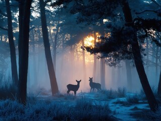 Winter Forest Morning Two Deer Silhouette Golden Sunrise Mist Blue Foggy Woods Hoarfrost Nature Landscape Wildlife