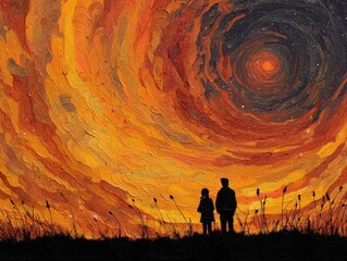 Textured Painting of Two Silhouetted Figures Against a Swirling Orange Sunset Sky with Tall Grass