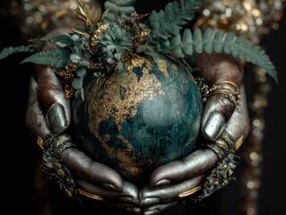 Metallic hands adorned with intricate gold and teal details cradle a textured globe featuring gold landmasses and green foliage, symbolizing global connection and ecological stewardship.