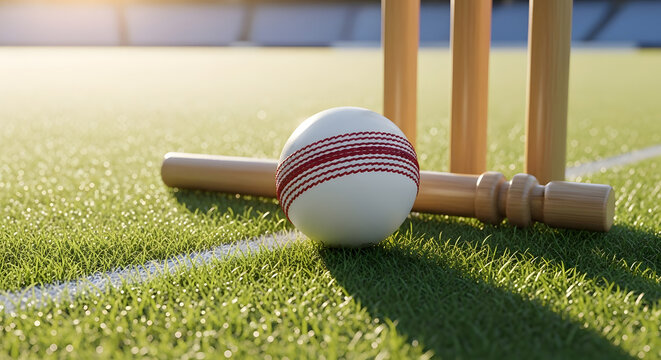 Cricket ball and stumps on a sunny grass field with stadium background