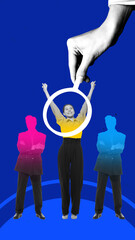 Colorful collage. Hand selecting happy professional symbolizing successful recruitment decision....
