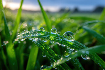 Morning dew glistens on blades of grass in a tranquil natural setting