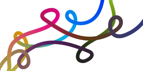 An abstract, clean, white background adorned with multiple intertwined, flowing, and looping lines, each exhibiting a distinct smooth color gradient including shades of blue, pink, yellow, purple, bro