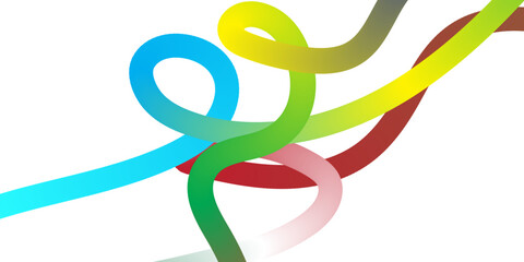 An abstract, clean image featuring several intertwined and flowing smooth lines, each with a vibrant color gradient (blue to green, yellow to green, dark red to pink, grey to green) against a pure whi