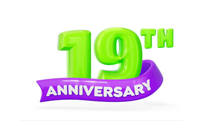 Vibrant 19th Anniversary celebration with festive green numbers and purple ribbon. 3d illustration