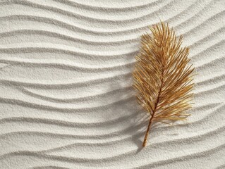 Golden Palm Frond on Wavy Sand Texture Minimalist Tropical Decor Concept Abstract Beach Background Natural Still Life